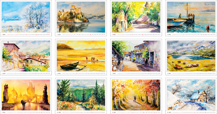 Muurkalender 2022 Watercolour Scenery 13p 45x38cm Prenten